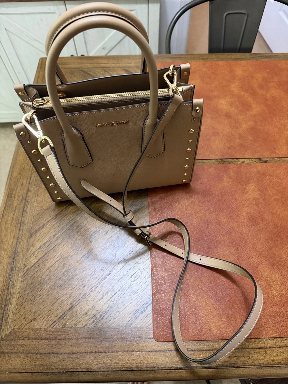 Michael Kors Taupe Saffiano Leather Satchel with Gold Studs